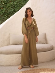 Khaki Green 100% Linen Premium Wide Leg Trousers - Image 4 of 6