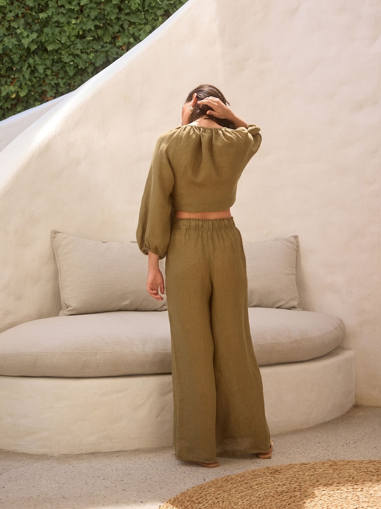 Vert kaki - Pantalon large 100% lin Premium - Image 5 of 10