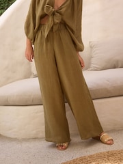 Khaki Green 100% Linen Premium Wide Leg Trousers - Image 6 of 6
