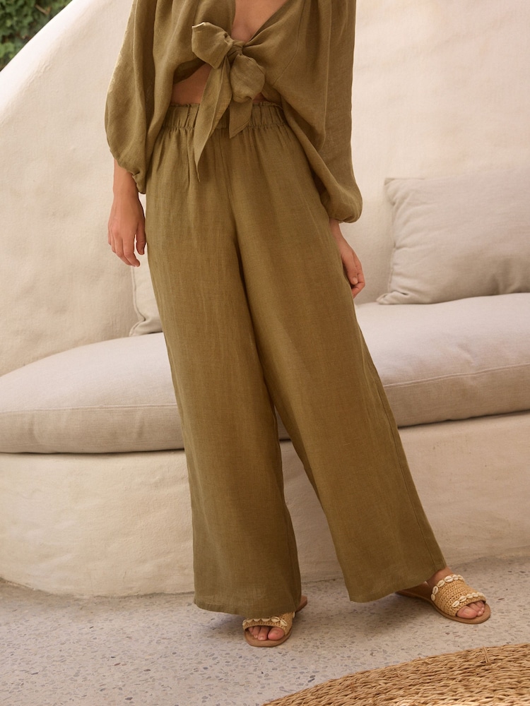 Khaki Green 100% Linen Premium Wide Leg Trousers - Image 6 of 6