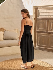 Black Shirred Premium 100% Linen Summer Midi Dress - Image 2 of 6