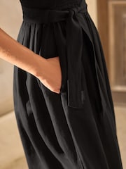 Black Shirred Premium 100% Linen Summer Midi Dress - Image 3 of 6