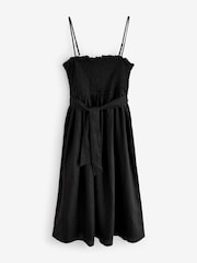 Black Shirred Premium 100% Linen Summer Midi Dress - Image 5 of 6