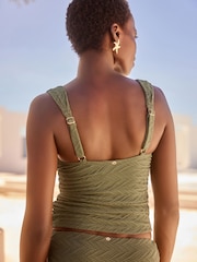 Khaki Green Textured Plunge Colourblock Tummy Control Tankini - Image 3 of 5