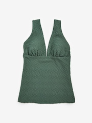 Khaki Green Textured Plunge Colourblock Tummy Control Tankini - Image 5 of 5