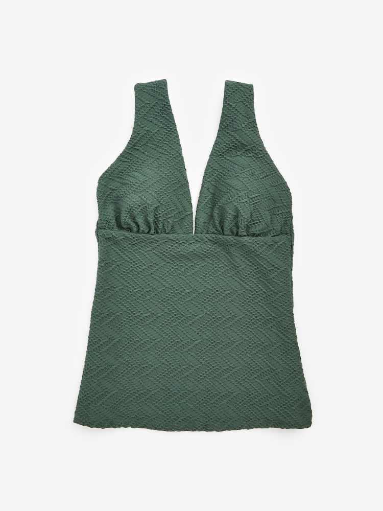 Khaki Green Textured Plunge Colourblock Tummy Control Tankini - Image 5 of 5
