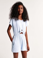 Abercrombie & Fitch Blue Tie Front Short Sleeve Linen Stripe Playsuit - Image 2 of 4