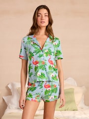 Bath & Body Works Blue Flamingo Print Viscose Jersey Button Through Shorts Set - Image 3 of 9