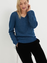 FatFace Blue Estelle V-Neck Sparkle Jumper - Image 1 of 6