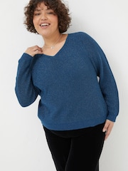 FatFace Blue Estelle V-Neck Sparkle Jumper - Image 3 of 6