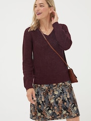 FatFace Purple Estelle V-Neck Sparkle Jumper - Image 1 of 5