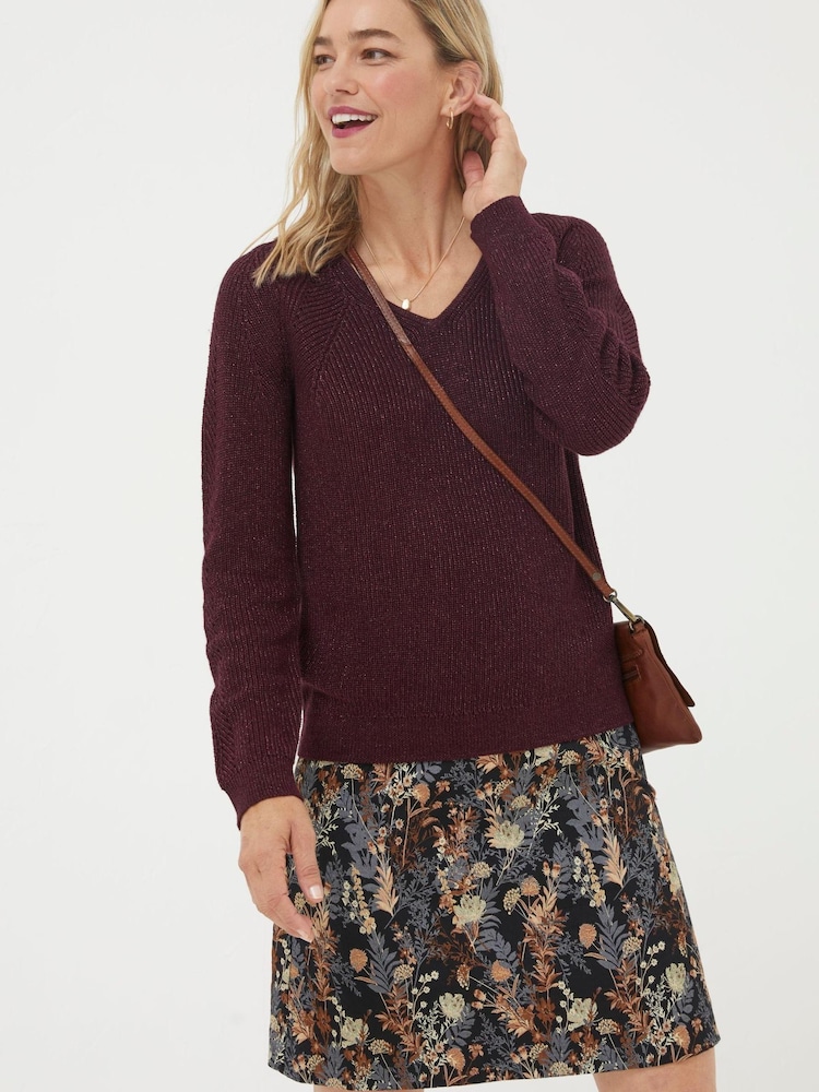 FatFace Purple Estelle V-Neck Sparkle Jumper - Image 1 of 5