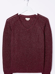 FatFace Purple Estelle V-Neck Sparkle Jumper - Image 5 of 5