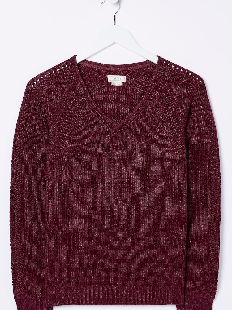 FatFace Purple Estelle V-Neck Sparkle Jumper - Image 5 of 5