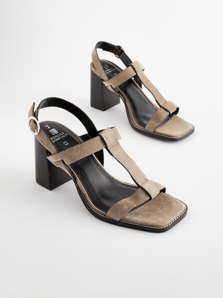 Taupe Forever Comfort® Leather T-Bar Block Heel Sandals - Image 1 of 6