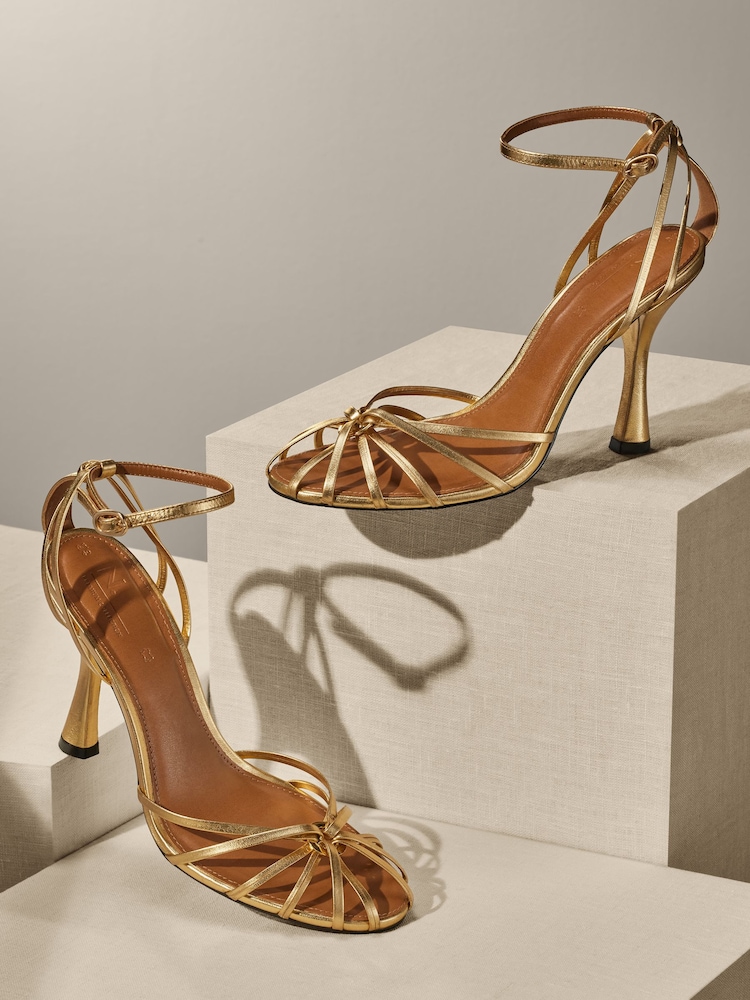Gold Premium Leather Cage Heeled Sandals - Image 1 of 10