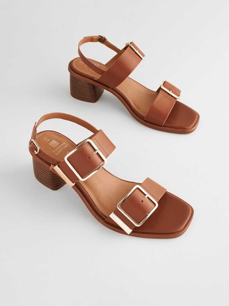 Tan Brown Forever Comfort Leather Buckle Block Heel Sandals - Image 1 of 6