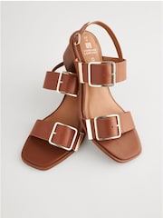 Tan Brown Forever Comfort Leather Buckle Block Heel Sandals - Image 6 of 6