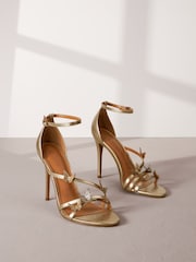 Gold Signature Leather Butterfly High Heel Sandals - Image 1 of 6