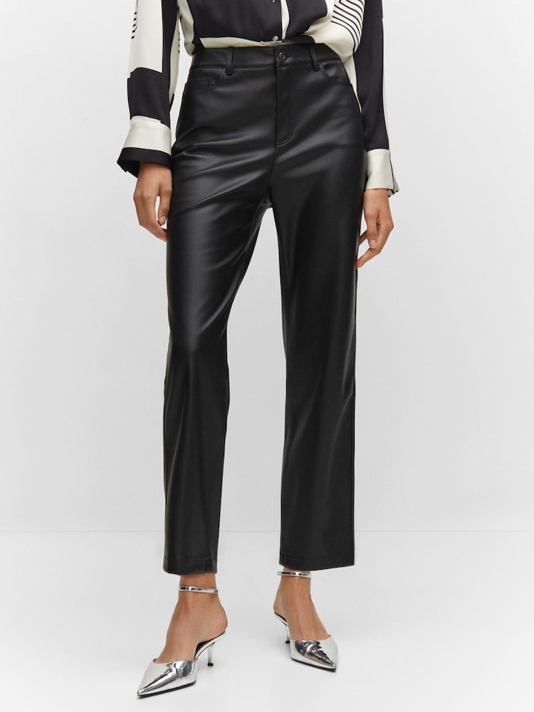 Mango Leather-Effect Straight Black Trousers - Image 2 of 7 Mango Leather-Effect Straight Black Trousers - Image 2 of 7