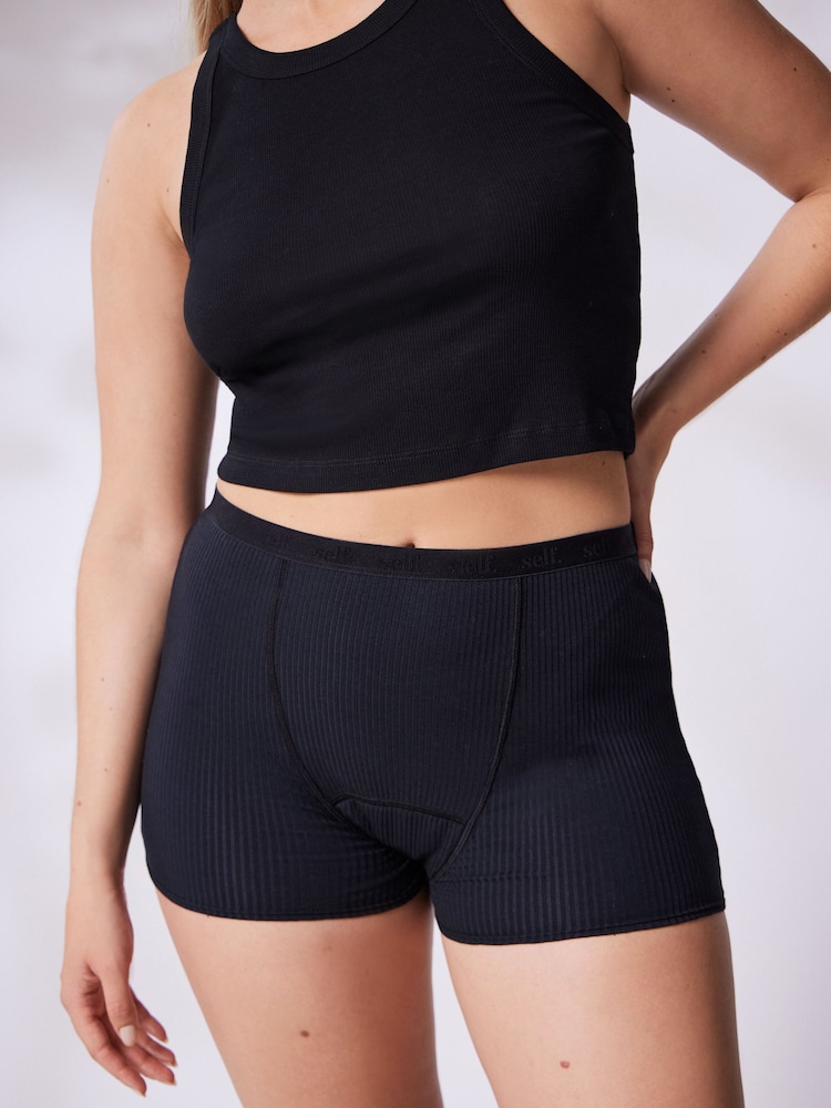 self. Black Rib High Waist Period Shorts - Image 1 of 7 self. Black Rib High Waist Period Shorts - Image 1 of 7