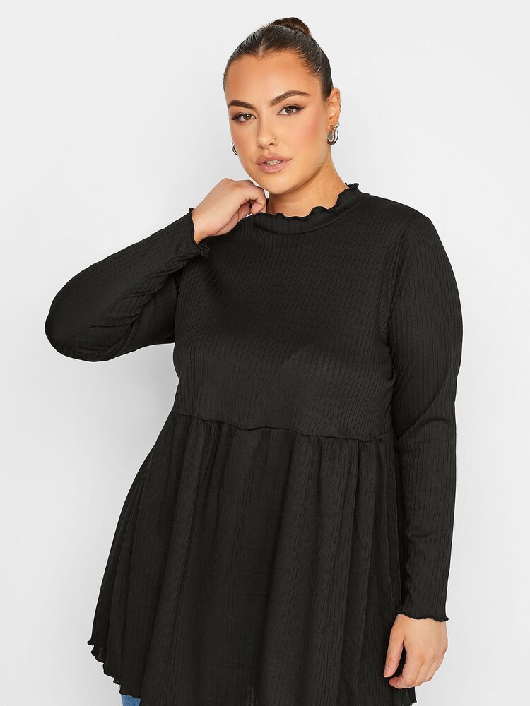 Yours Curve Black Limited Ribbed Peplum Top - Image 1 of 4