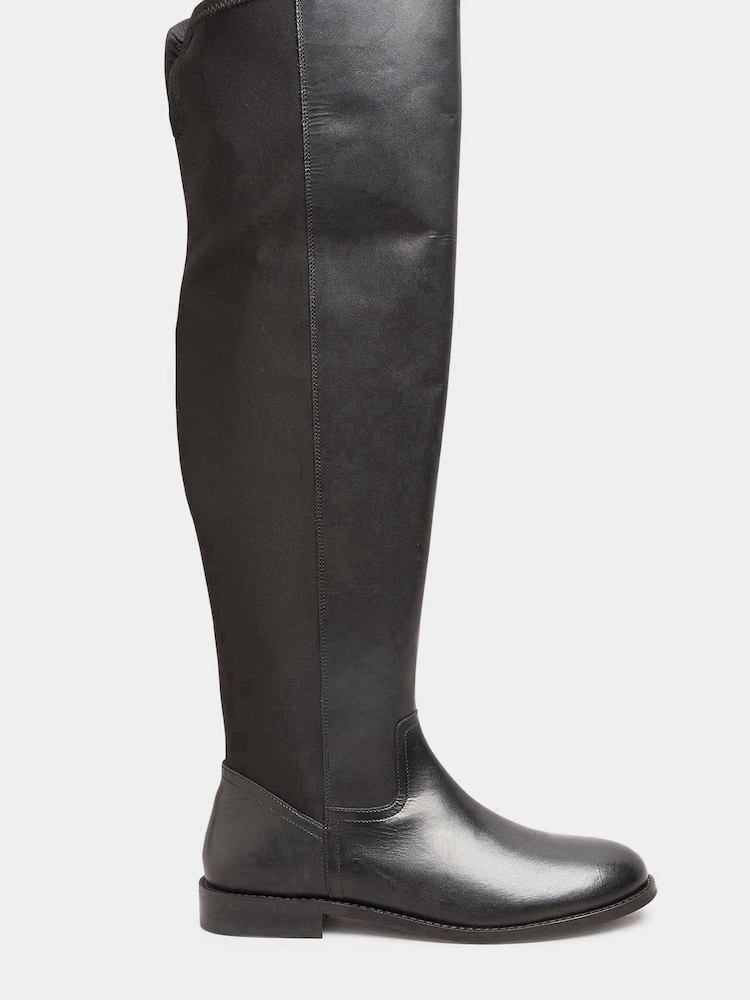 Long Tall Sally Black Stretch Over The Knee Leather Boots - Image 1 of 5