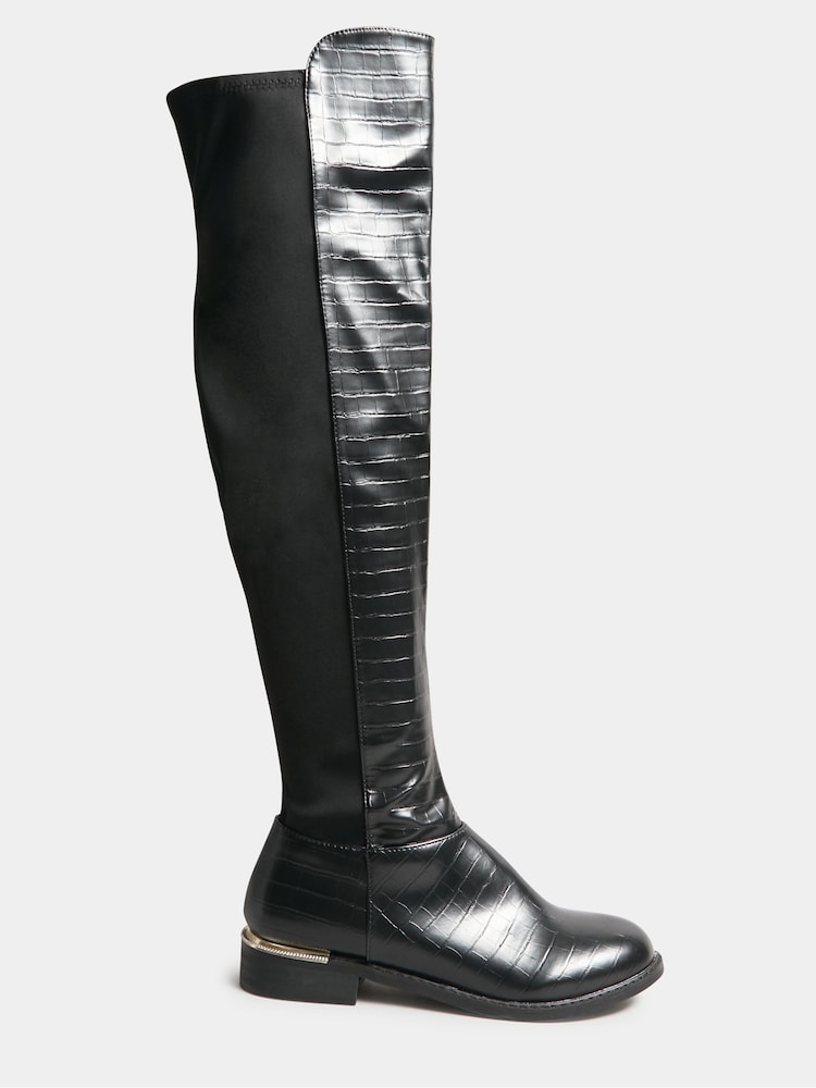 Long Tall Sally Black 50/50 Stretch Over The Knee Croc Effect Boots - Image 1 of 5