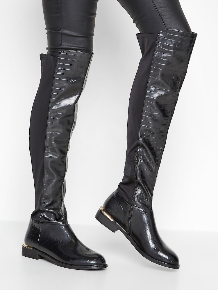 Long Tall Sally Black 50/50 Stretch Over The Knee Croc Effect Boots - Image 2 of 5