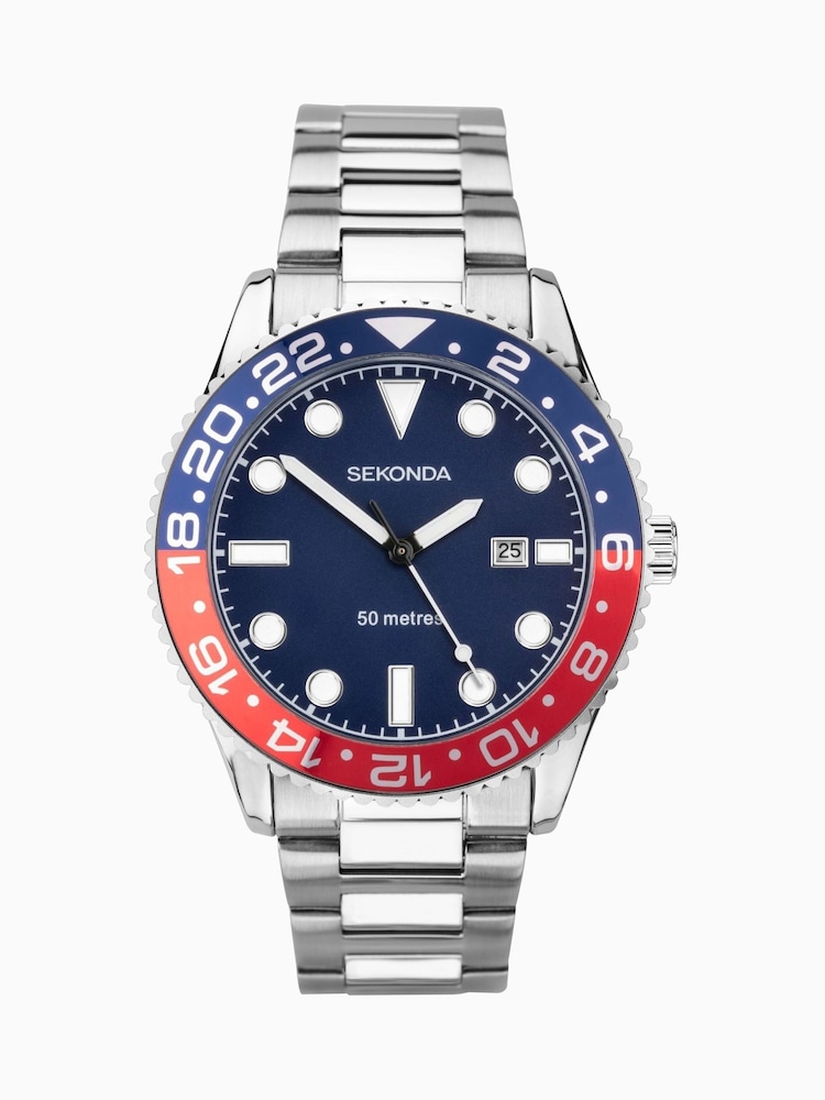 Sekonda Mens Silver Tone Ocean 43mm Analogue Watch With Case And Stainless Steel Bracelet With Blue Dial - Image 2 of 6
