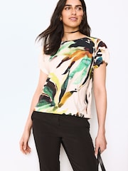 Regenbogen-Blatt-bedruckt - Kastiges, strukturiertes T-Shirt mit Raffung - Bild 1 von 6