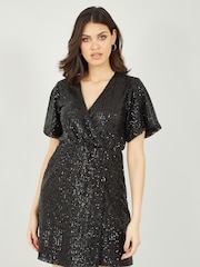 Mela Black Sequin Kimono Sleeve Wrap Dress - Image 1 of 4