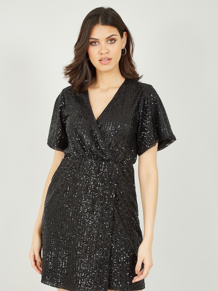 Mela Black Sequin Kimono Sleeve Wrap Dress - Image 1 of 4