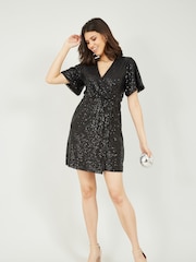 Mela Black Sequin Kimono Sleeve Wrap Dress - Image 2 of 4