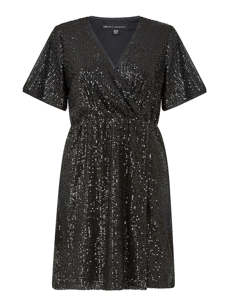 Mela Black Sequin Kimono Sleeve Wrap Dress - Image 4 of 4