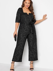 Yours Curve Black London Glitter Notch Neck Tie Waist Stretch Jumpsuit - Image 1 of 5