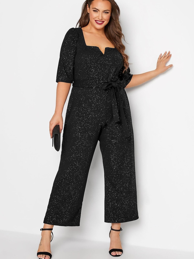 Yours Curve Black London Glitter Notch Neck Tie Waist Stretch Jumpsuit - Image 1 of 5