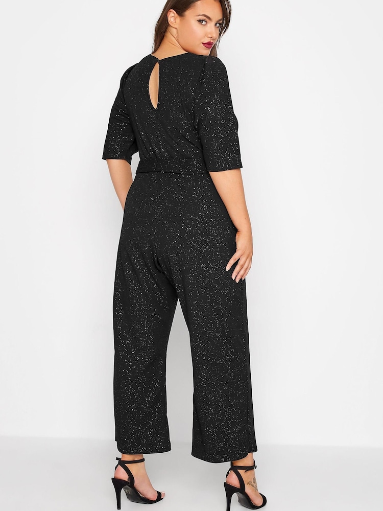 Yours Curve Black London Glitter Notch Neck Tie Waist Stretch Jumpsuit - Image 2 of 5
