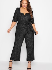 Yours Curve Black London Glitter Notch Neck Tie Waist Stretch Jumpsuit - Image 3 of 5