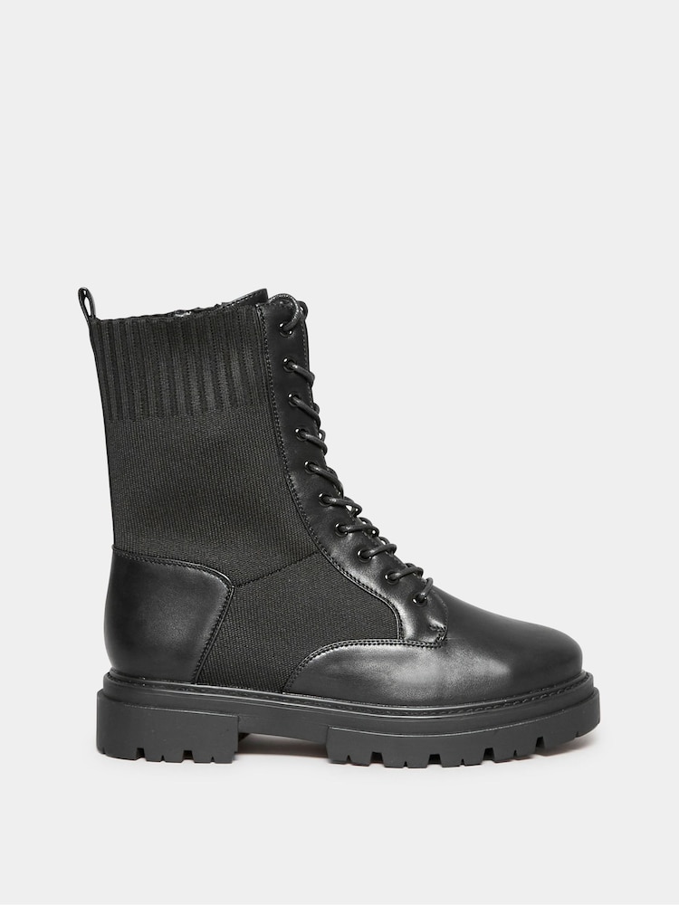 Yours Curve Black Wide Fit Sock Lace Up Boots - Image 1 of 3