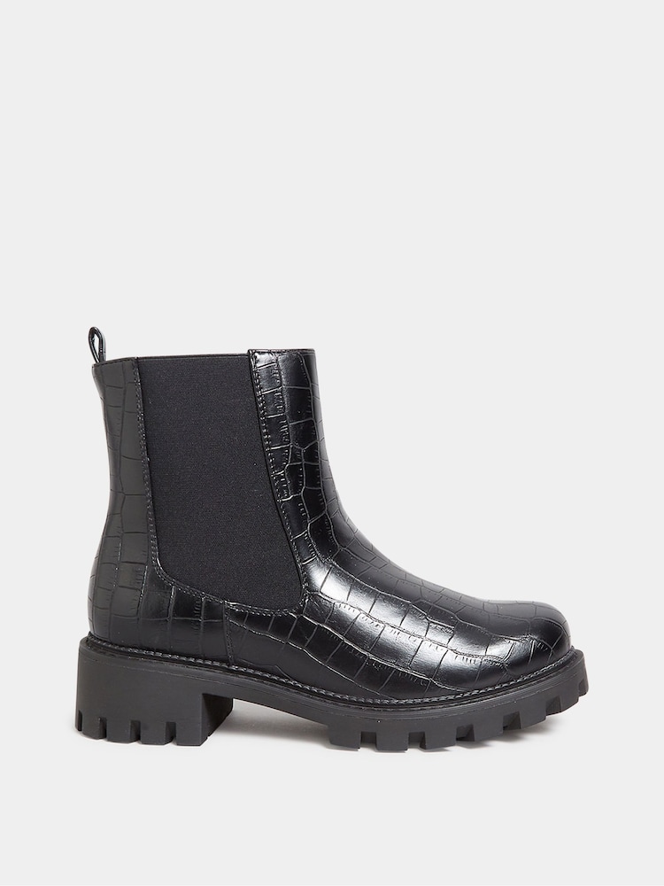 Yours Curve Black Wide Fit Chunky Chelsea Croc Effect Boots - Image 1 of 4