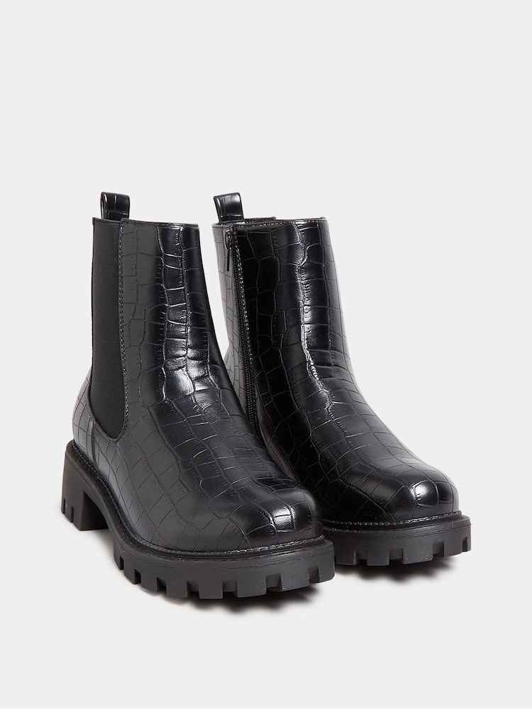 Yours Curve Black Wide Fit Chunky Chelsea Croc Effect Boots - Image 2 of 4