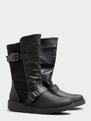 Yours Curve Black Wide Fit Low Wedge Buckle Boots - Image 1 of 2