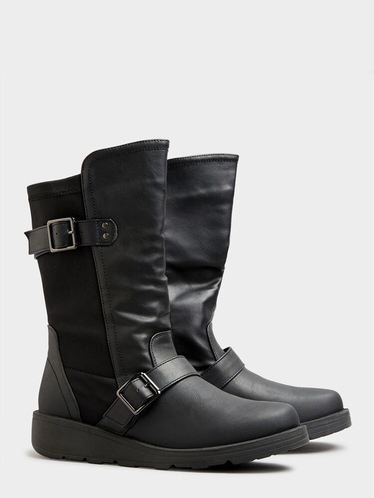 Yours Curve Black Wide Fit Low Wedge Buckle Boots - Image 1 of 2