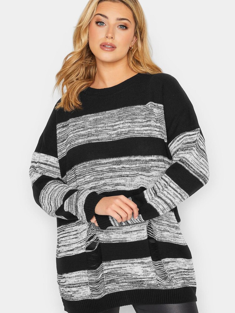 Yours Curve Black Distressed Oversized Jumper - Image 1 of 4