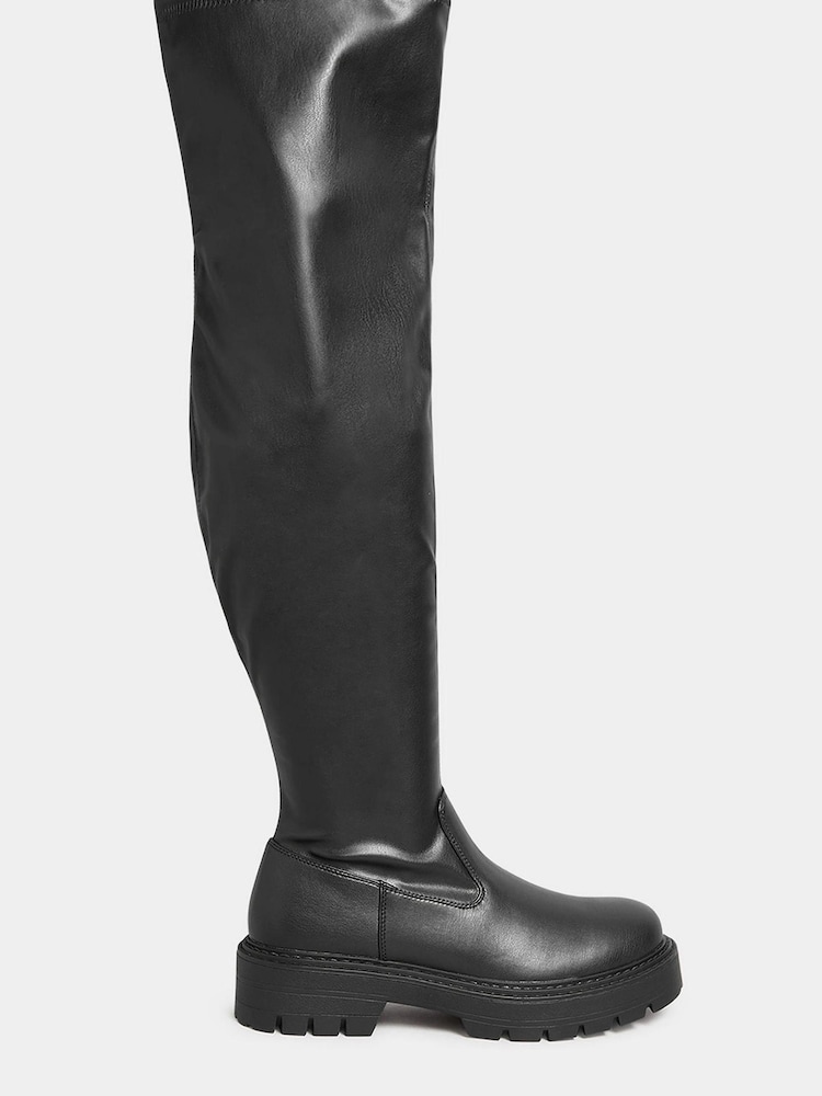 Yours Curve Black Wide Fit Over The Knee Chunky Cleated Boots - Image 1 of 5