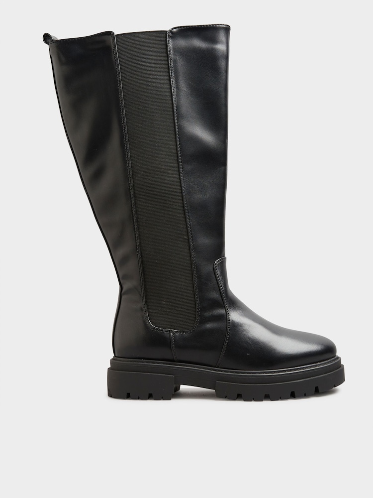 Yours Curve Black Wide Fit Elastic Knee Cleated Boots - Image 2 of 4