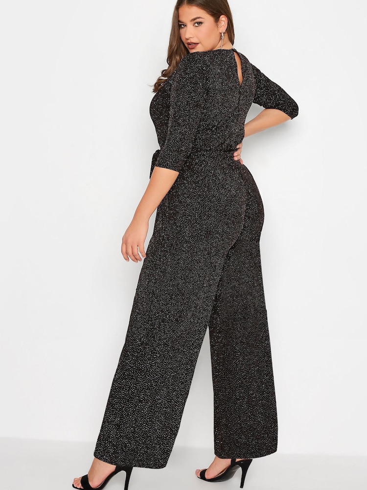 Yours Curve Black London Glitter Party Keyhole Jumpsuit - Image 2 of 4