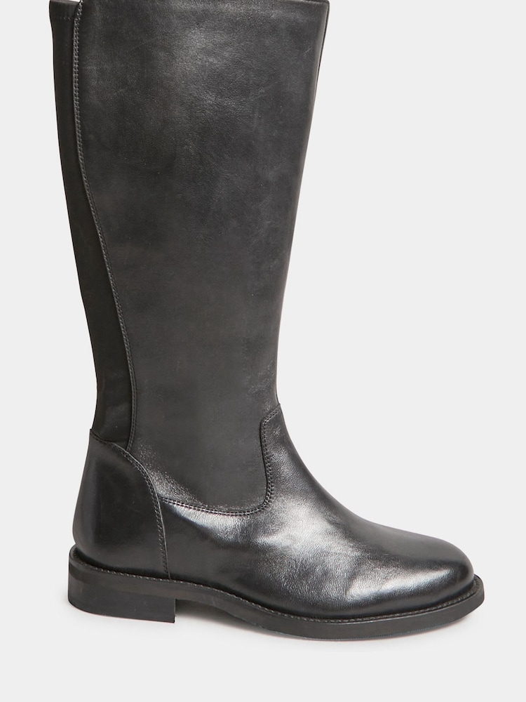 Yours Curve Black Wide Fit Leather Stretch Knee Boots - Image 1 of 5