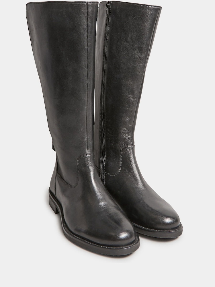 Yours Curve Black Wide Fit Leather Stretch Knee Boots - Image 2 of 5